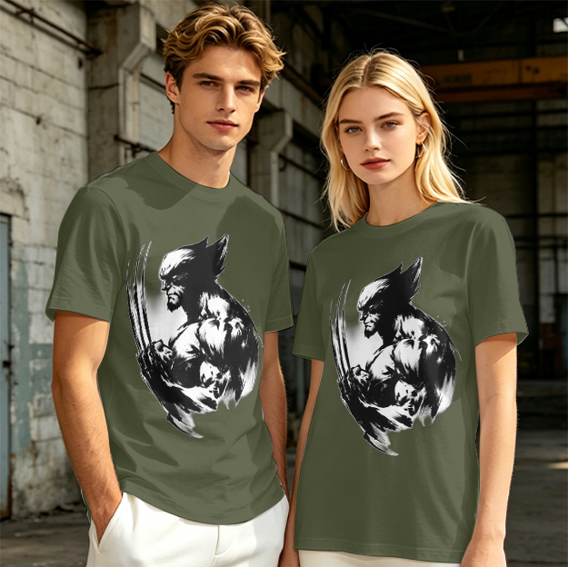 Olive T-shirt with Ink Style Wolverine Graphic Print