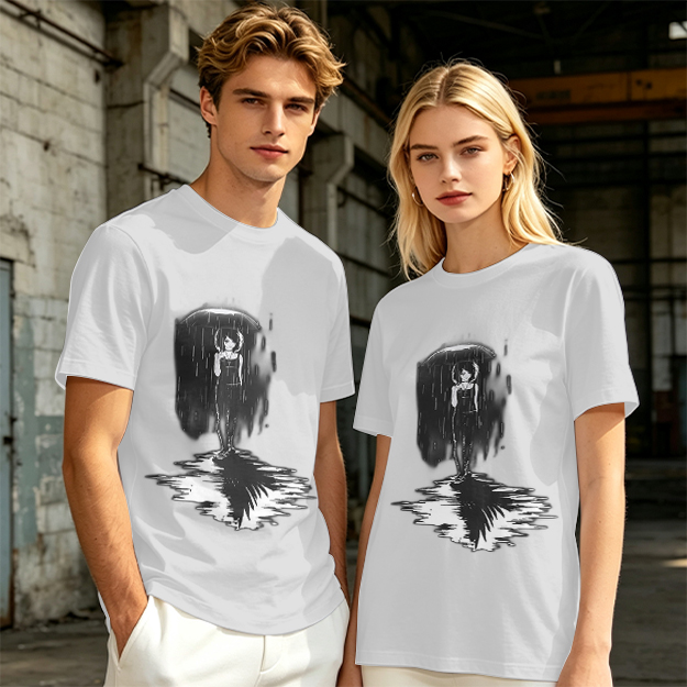 Olive T-Shirt With Rainy Figure And Shadow Graphic Print