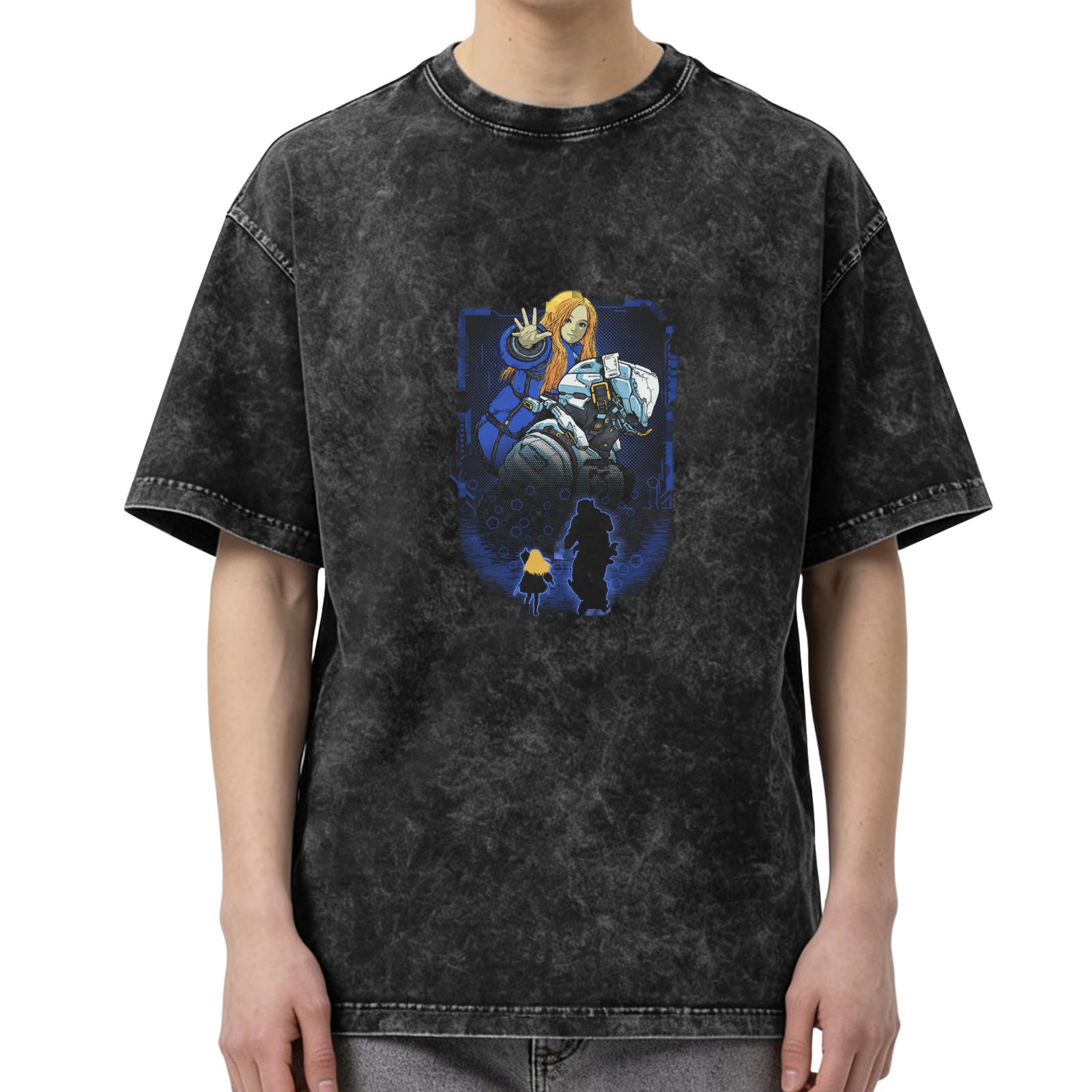 Washed Black T-Shirt With Sci-Fi Anime Character Graphic Print