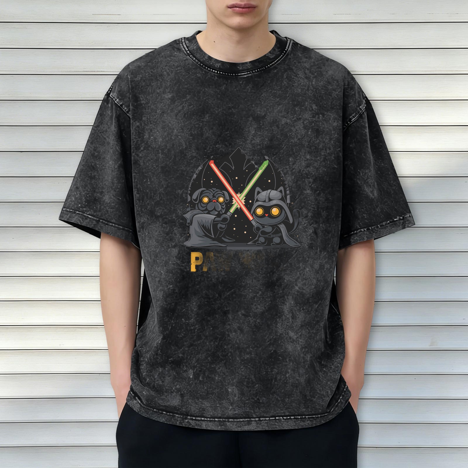 Washed black graphic t-shirt with paw wars cat and dog lightsaber design
