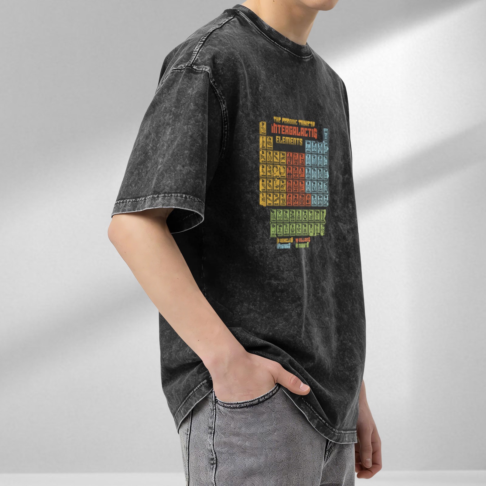 Retro washed black interstellar periodic table themed print loose short-sleeved T-shirt