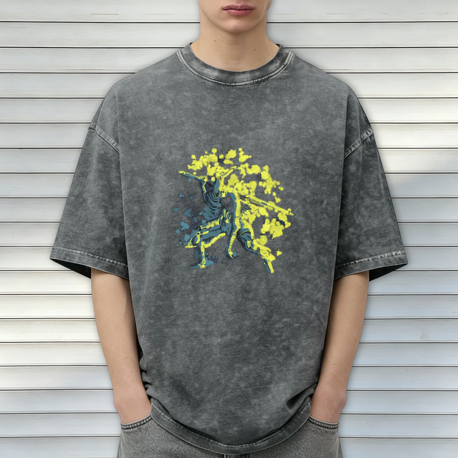 Washed Black Graphic T-Shirt with Neon Splatter Warrior Design