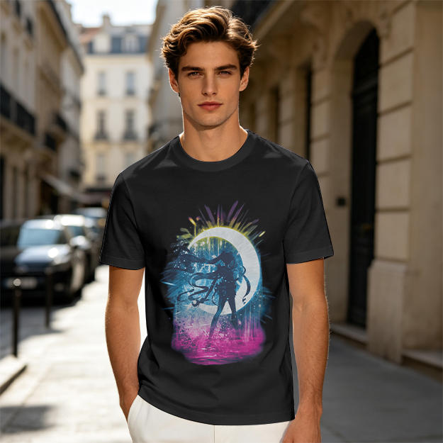 Olive T-Shirt with Crescent Moon Anime Character Silhouette Art