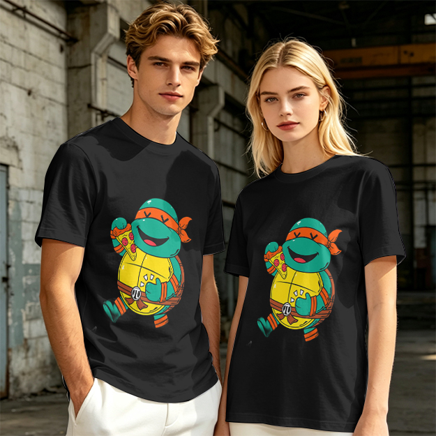 Olive T-shirt with cartoon ninja turtle holding pizza graphic