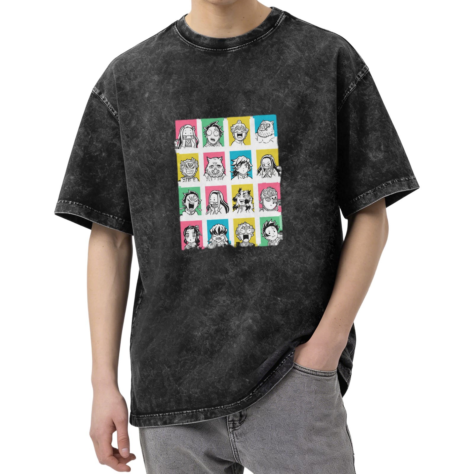 Demon Slayer anime character print distressed washed black loose short-sleeved T-shirt