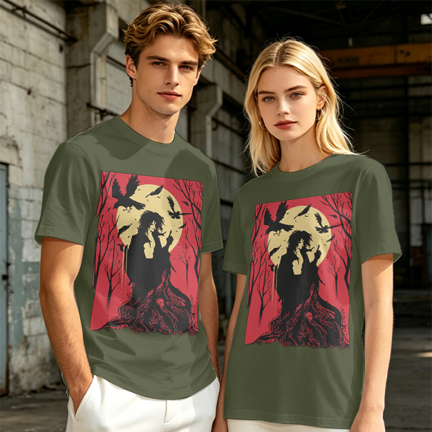 Olive T-Shirt With Gothic Crow And Moon Graphic Print