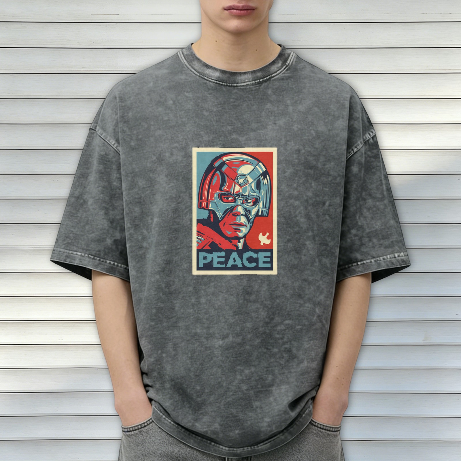 Distressed washed black short-sleeved T-shirt Peacemaker themed print Loose casual top