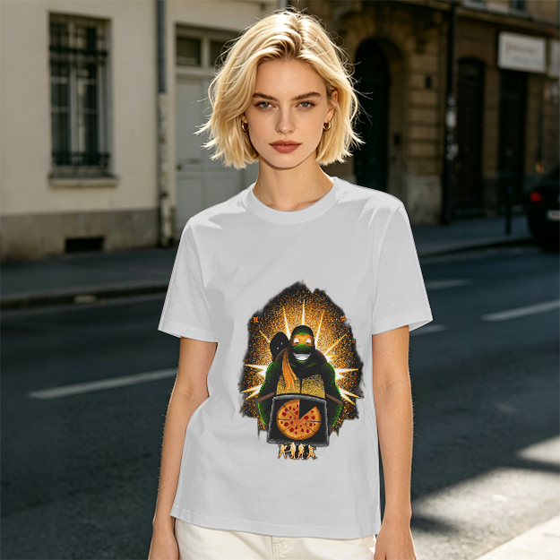 Olive T-shirt with Teenage Mutant Ninja Turtle Pizza Graphic