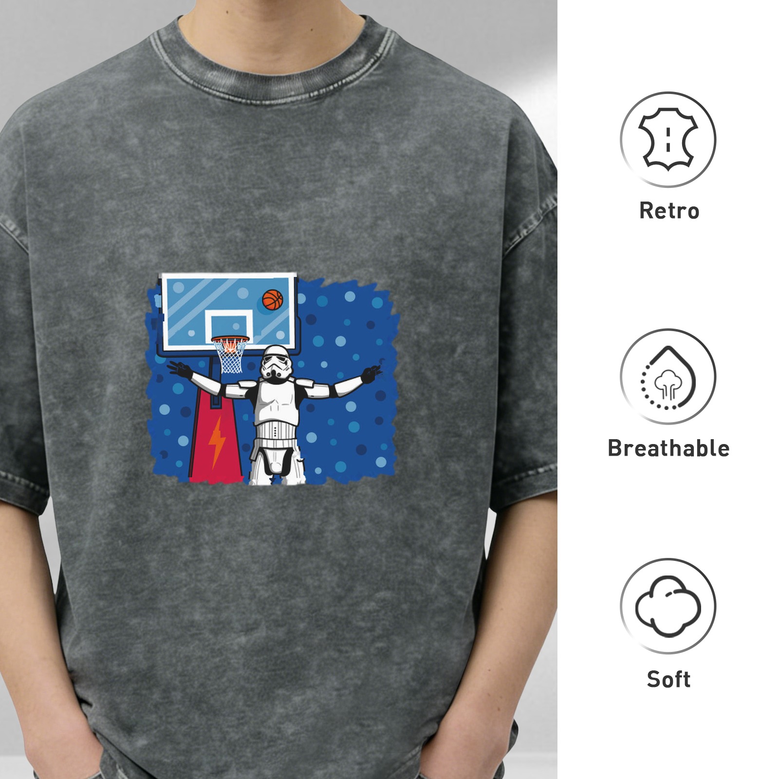 Washed Black T-Shirt with Stormtrooper Basketball Graphic Design