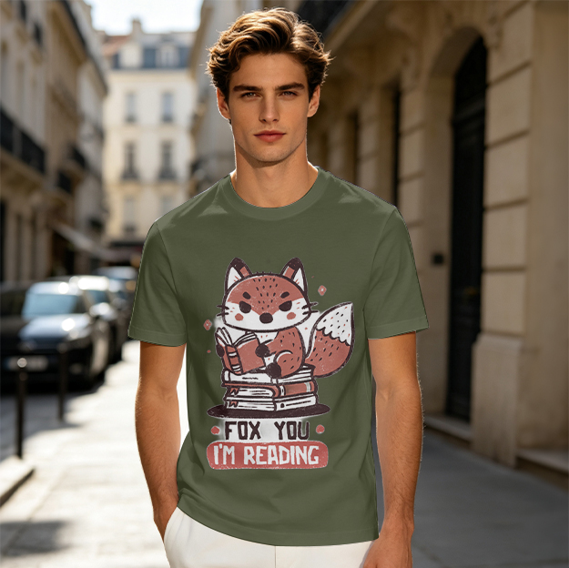Olive T-Shirt with Cute Fox Reading Book Pun Print
