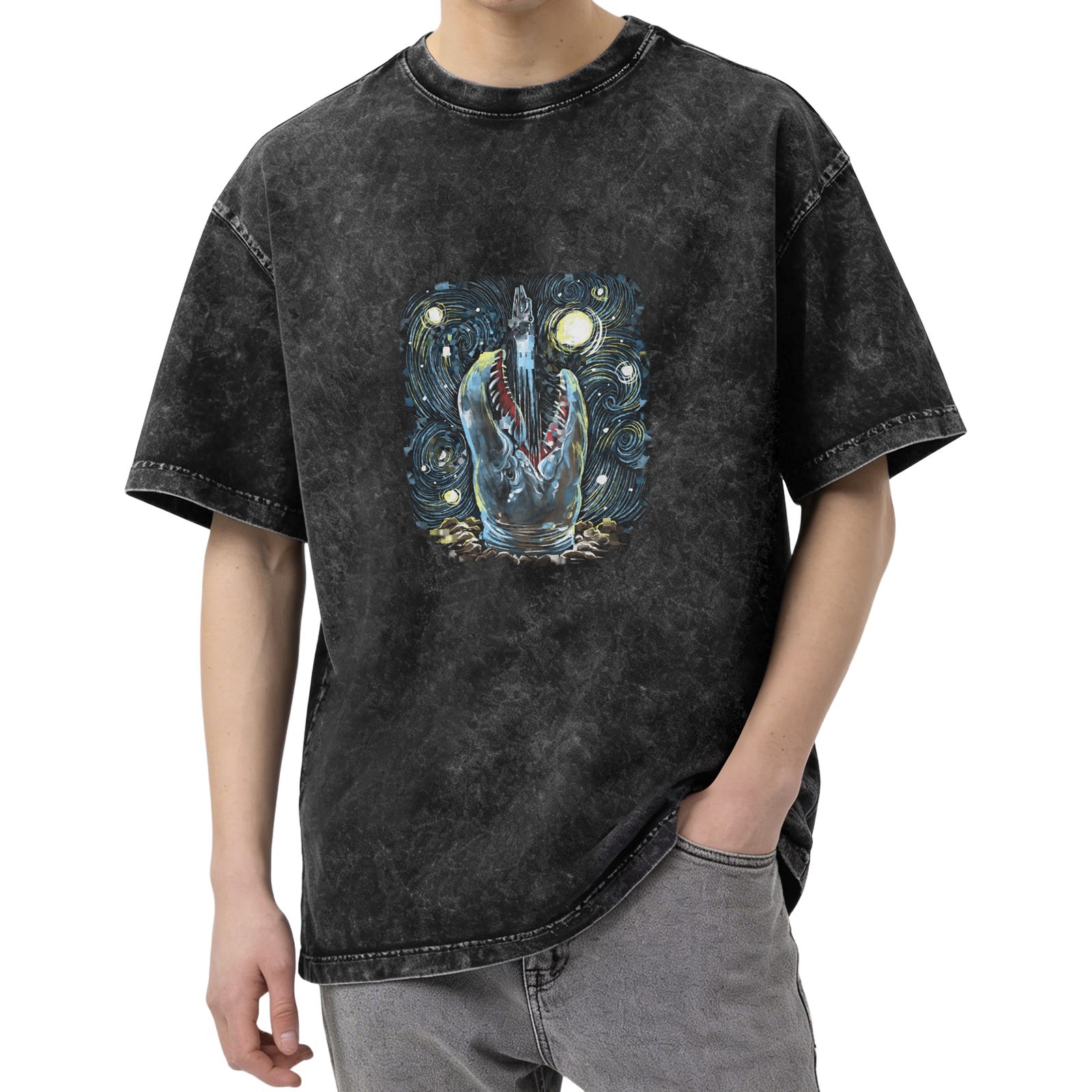 Oversized Acid Wash T-Shirt With Starry Night Shark Graphic