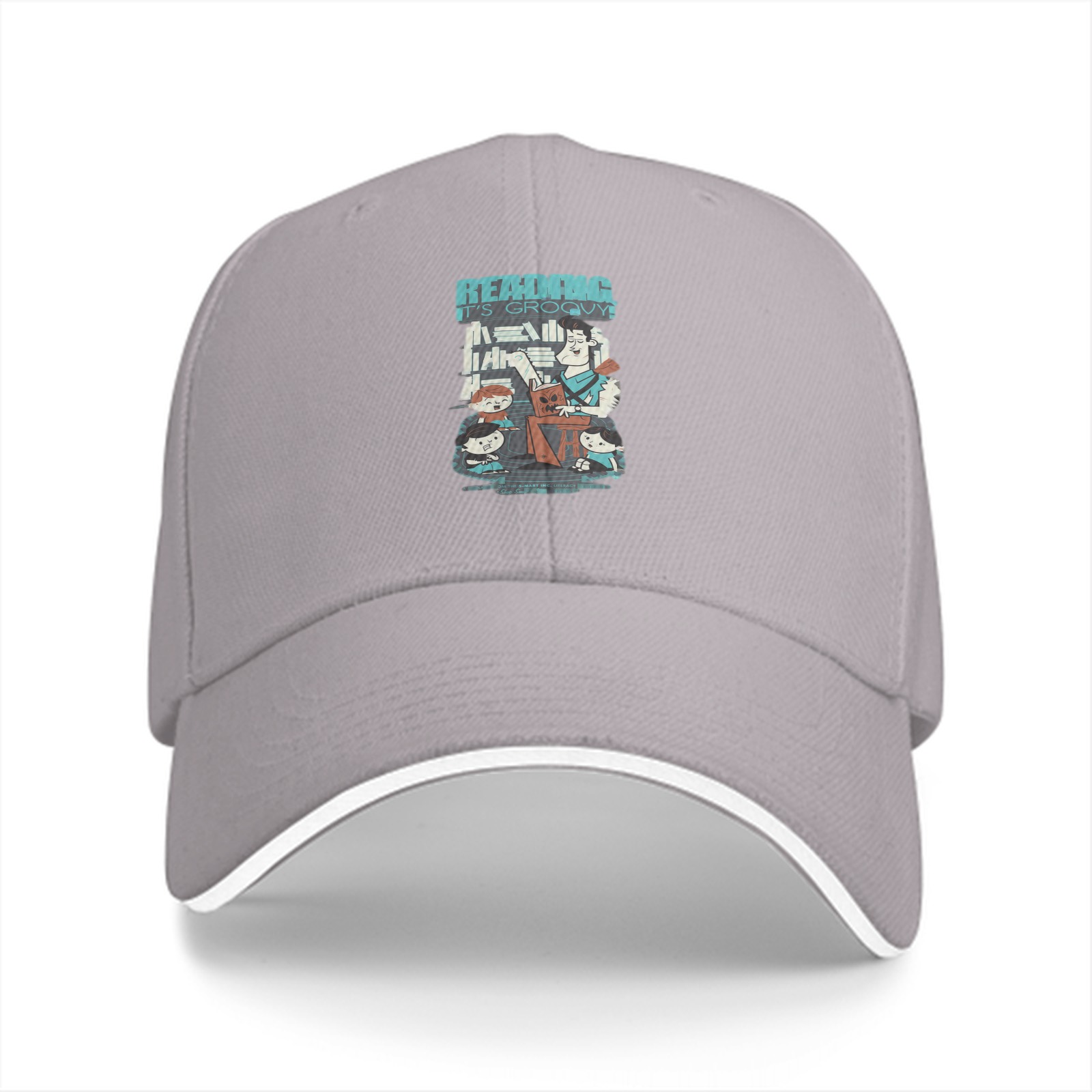 Black baseball cap with retro reading themed graphic print
