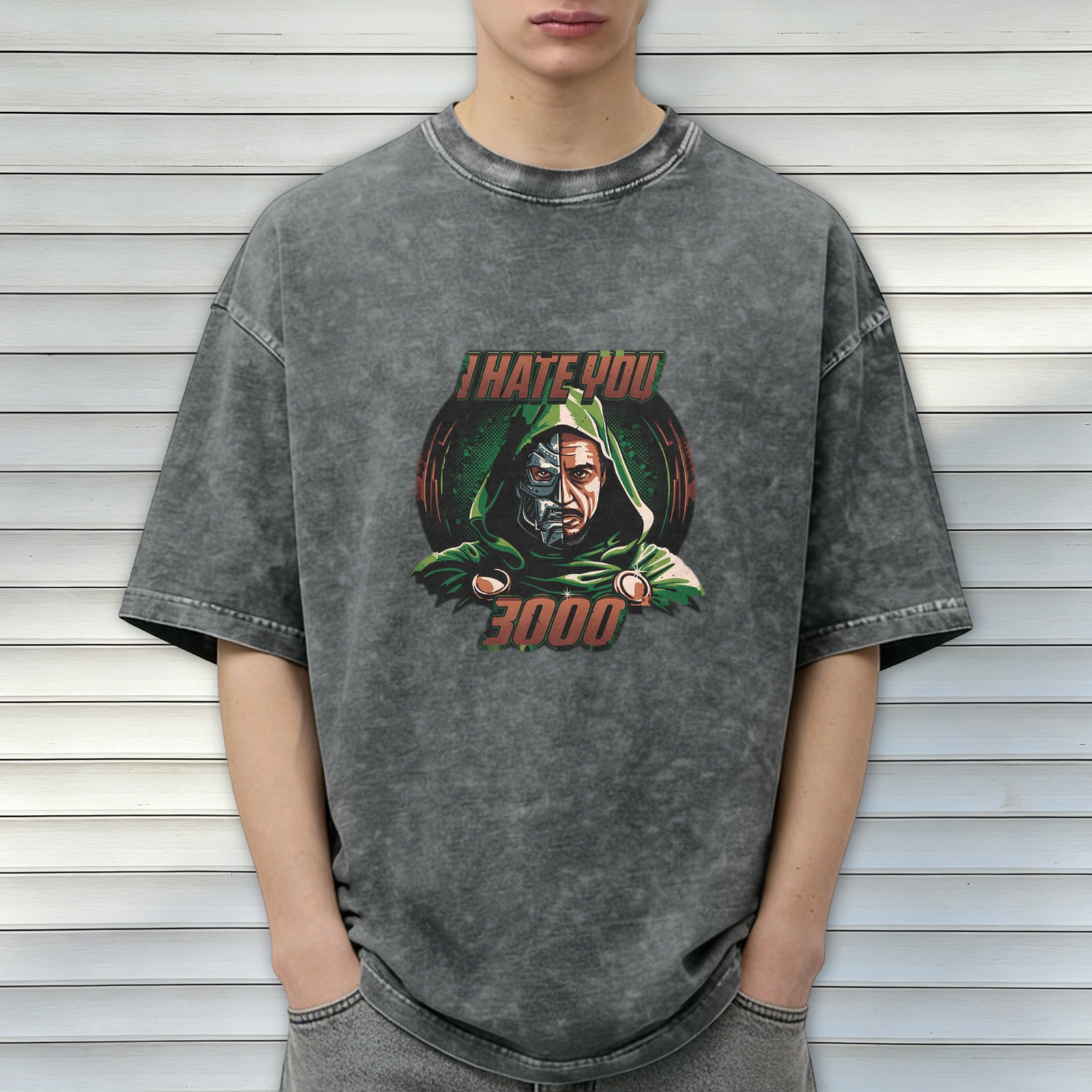 Washed Black Graphic T-Shirt with I Hate You 3000 Doom Design
