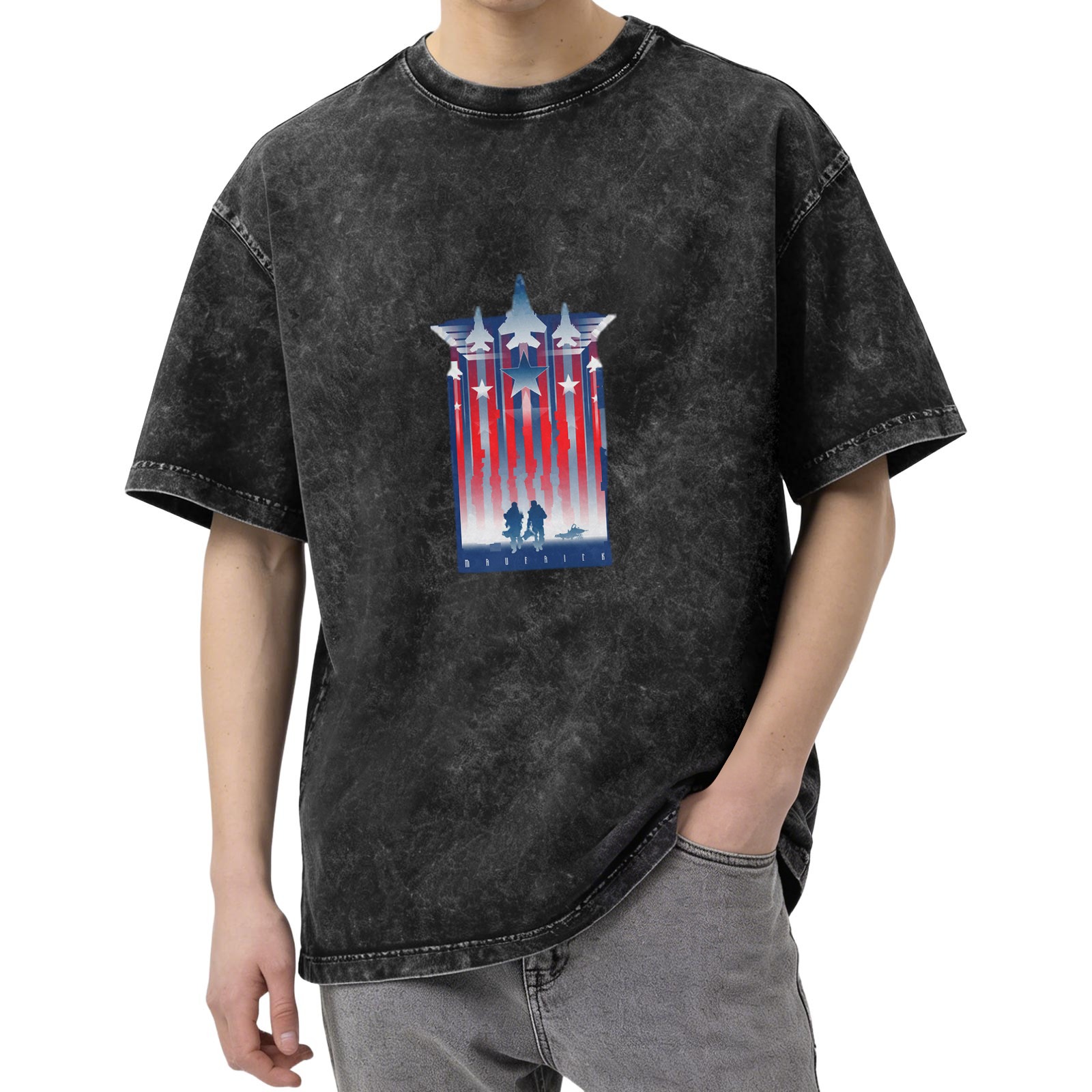 Oversized Black Acid Wash T-Shirt With Patriotic Military Jet And Soldier Graphic