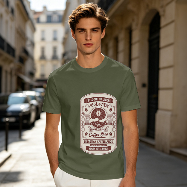 Olive green graphic t-shirt with coffee shop themed vintage print