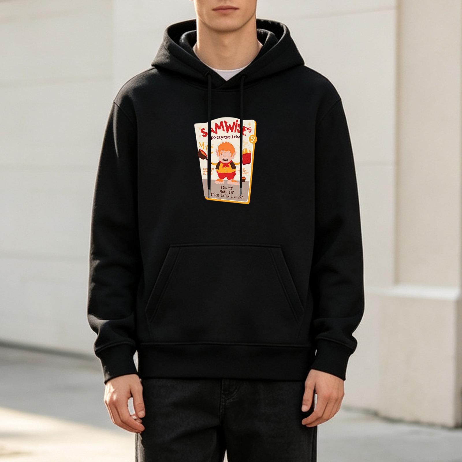 Black hoodie with Samwise's potato-themed graphic print