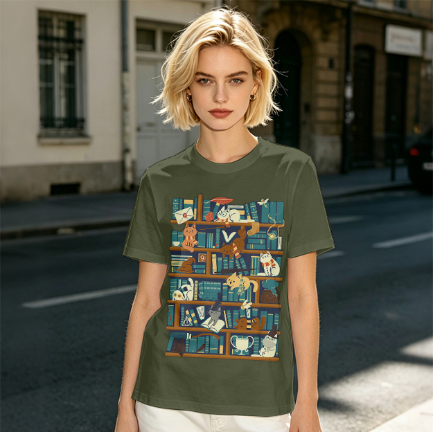 Olive t-shirt with playful cats on a bookshelf graphic