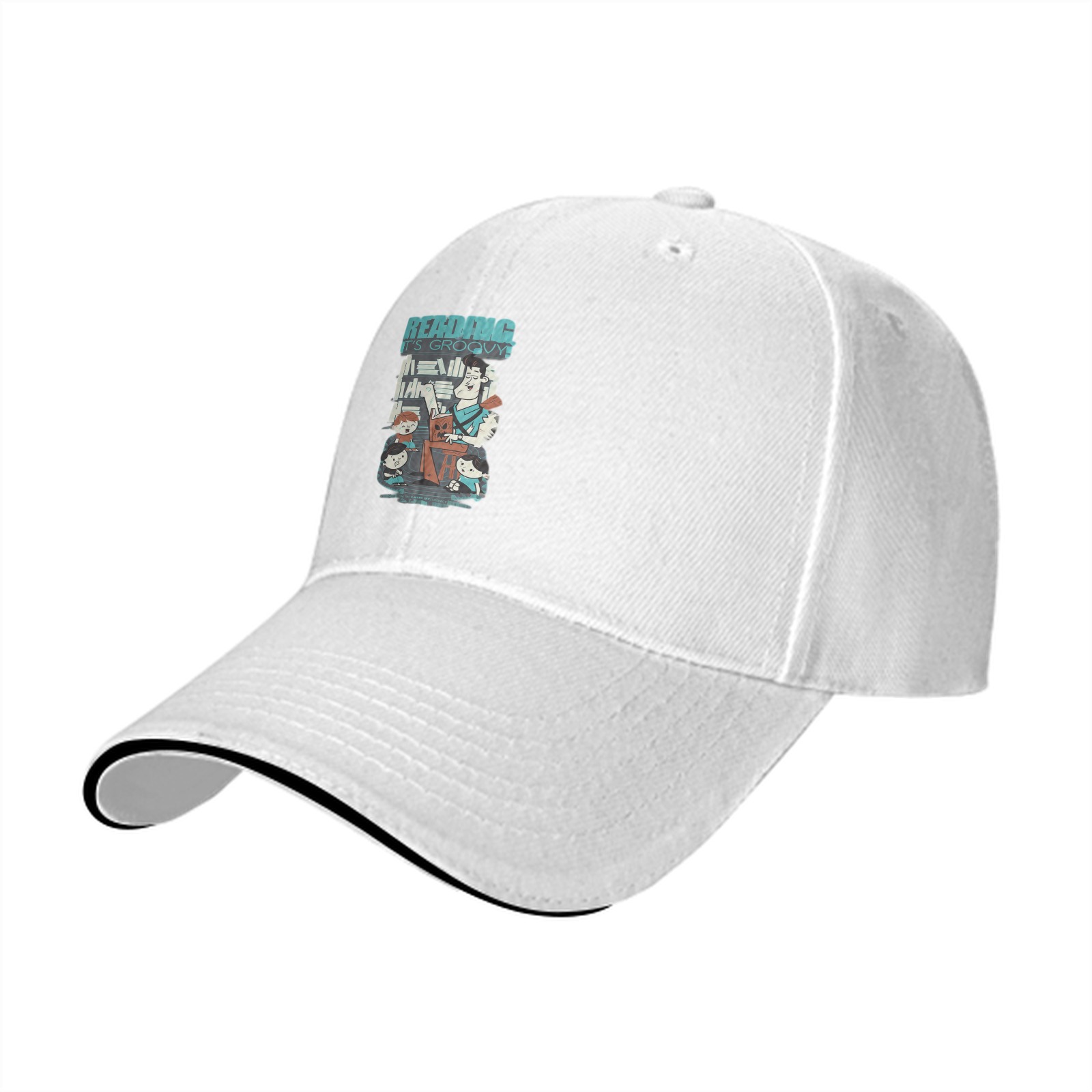 Black baseball cap with retro reading themed graphic print