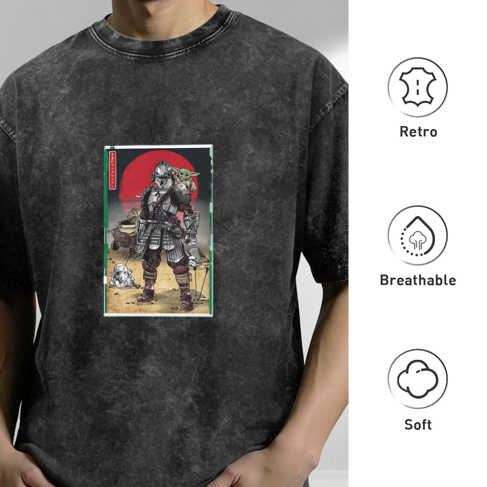 Star Wars Samurai Mandalorian & Grogu Graphic Stone Wash T-Shirt