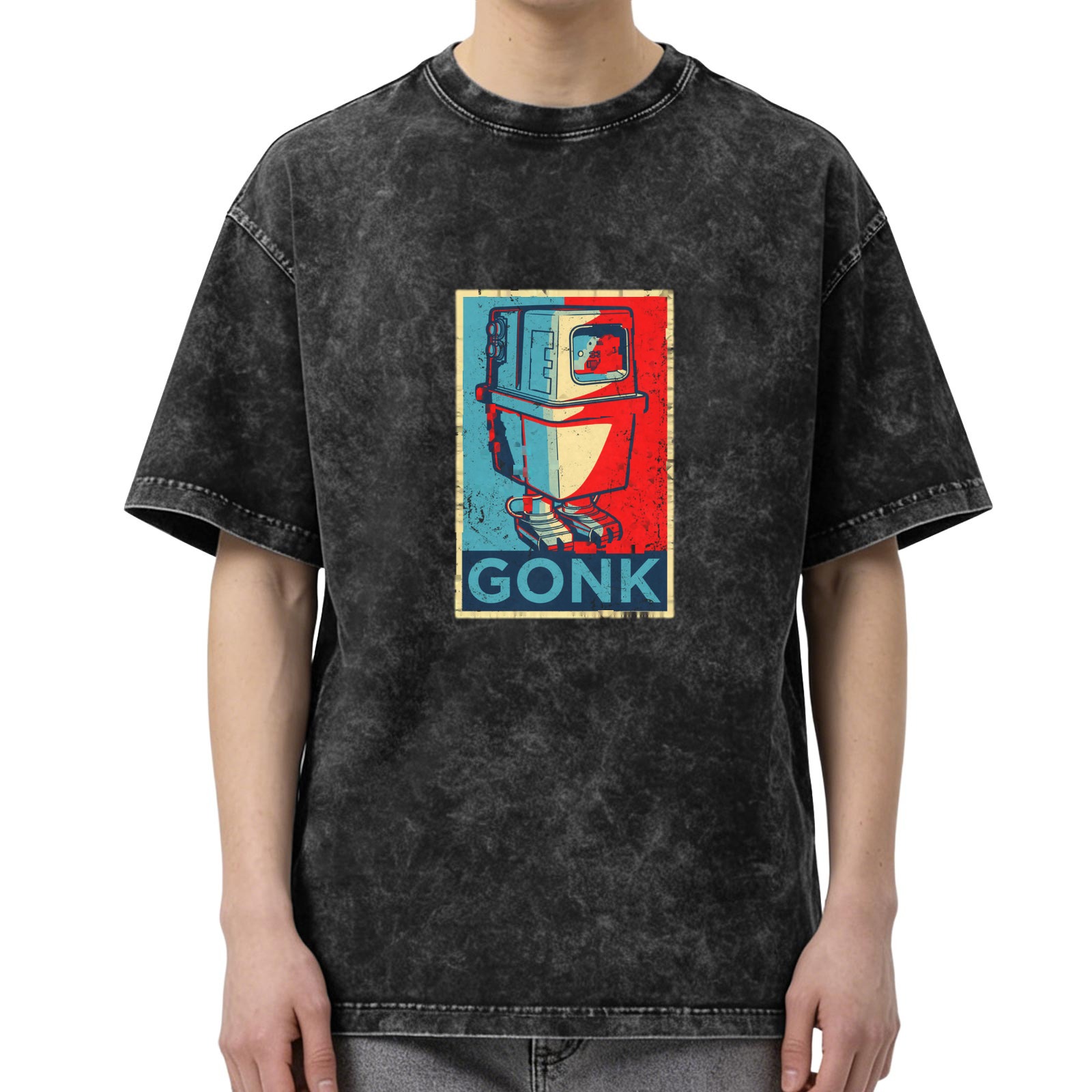 Oversized Dark Wash T-Shirt with Gonk Droid Graphic Print