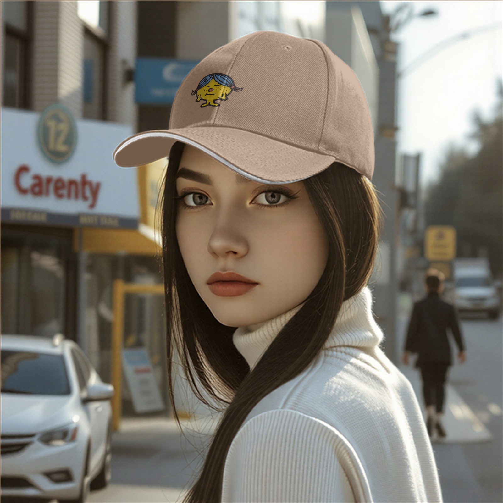 Black baseball cap with yellow cartoon girl character print
