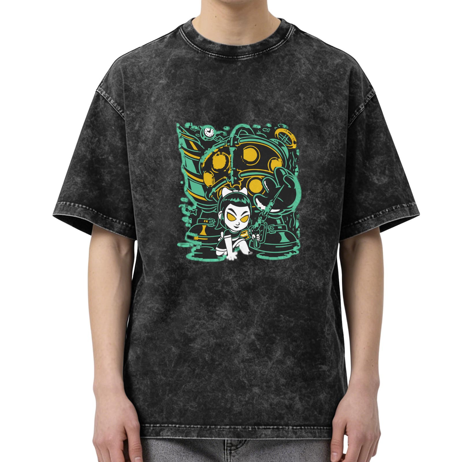 Washed Black Oversized T-Shirt With Cartoon Underwater Character Print