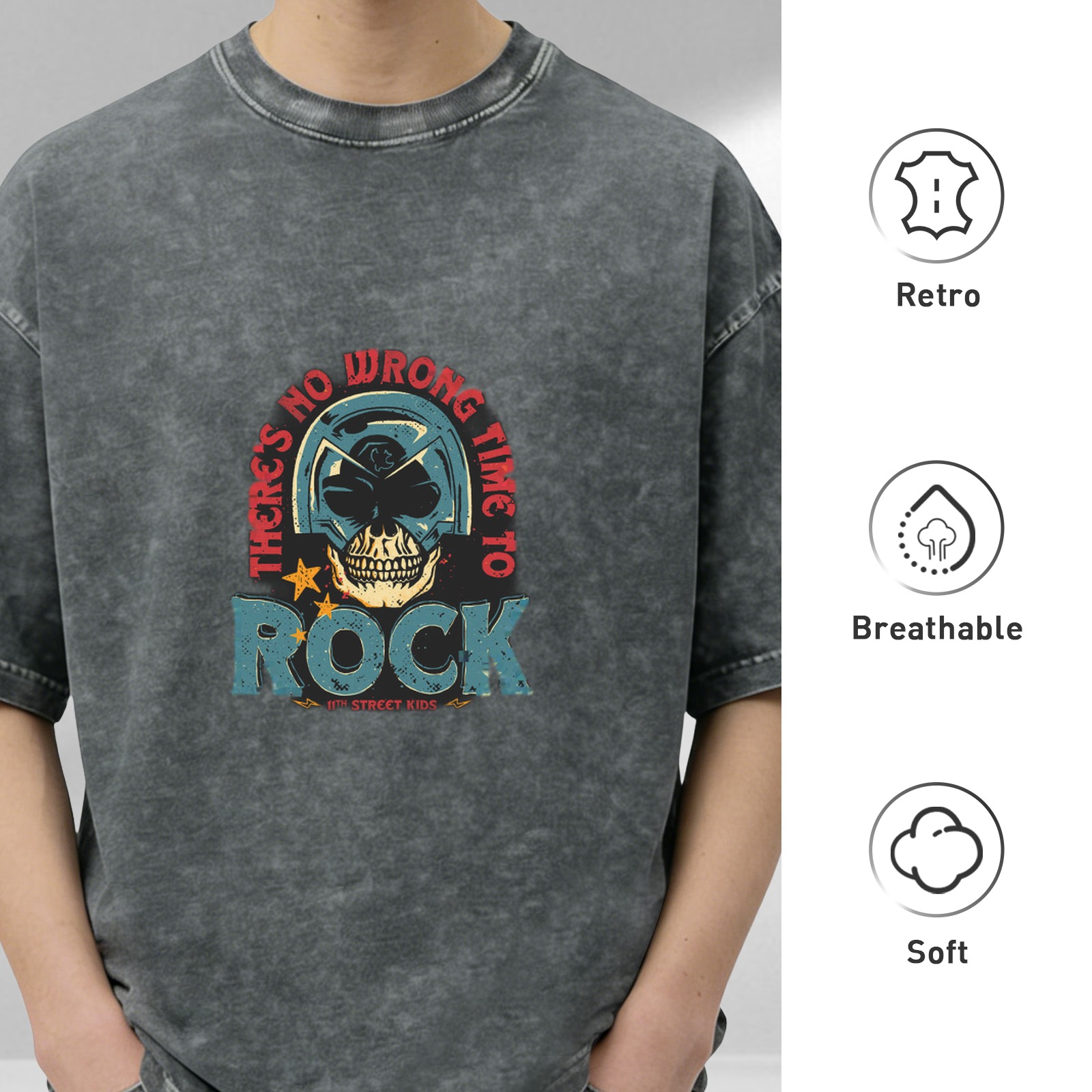 Washed Black Graphic T-Shirt with 'There's No Wrong Time To Rock' Skull Design