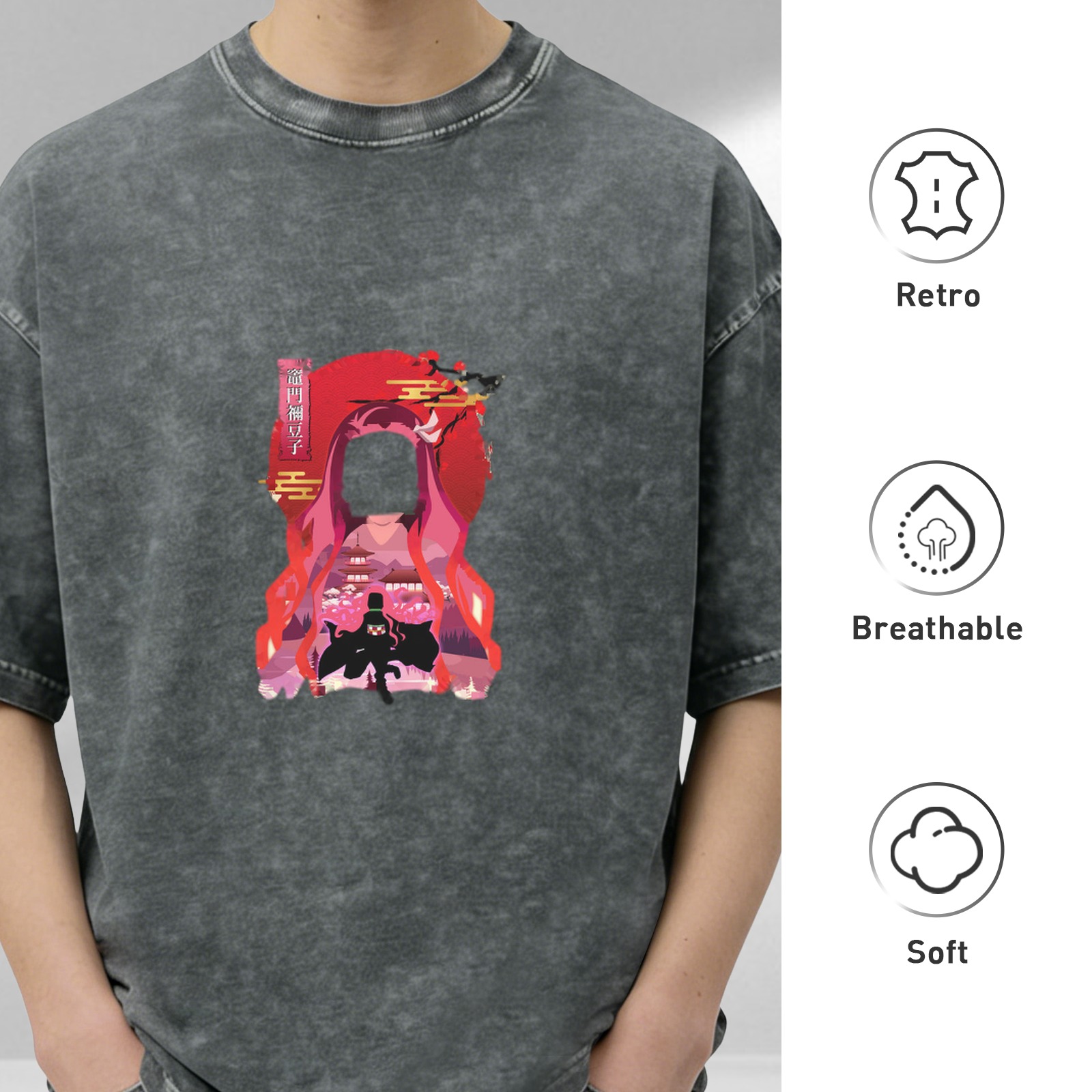 Washed Black Anime Graphic T-Shirt with Japanese Art Design