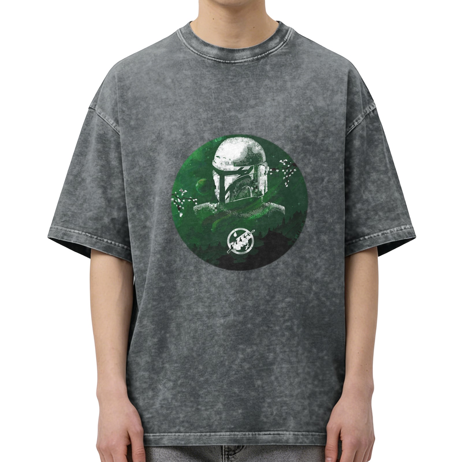 Distressed black short-sleeved T-shirt with Mandalorian theme print, loose style