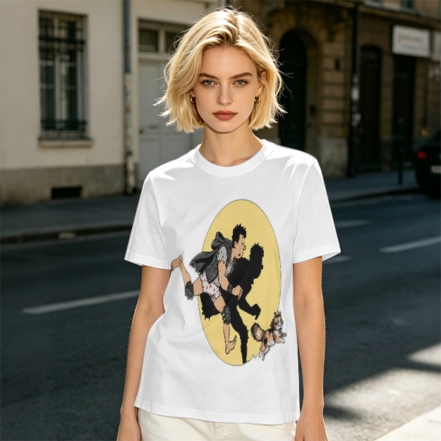 Olive T-Shirt With Cartoon Running Figure And Shadow Print