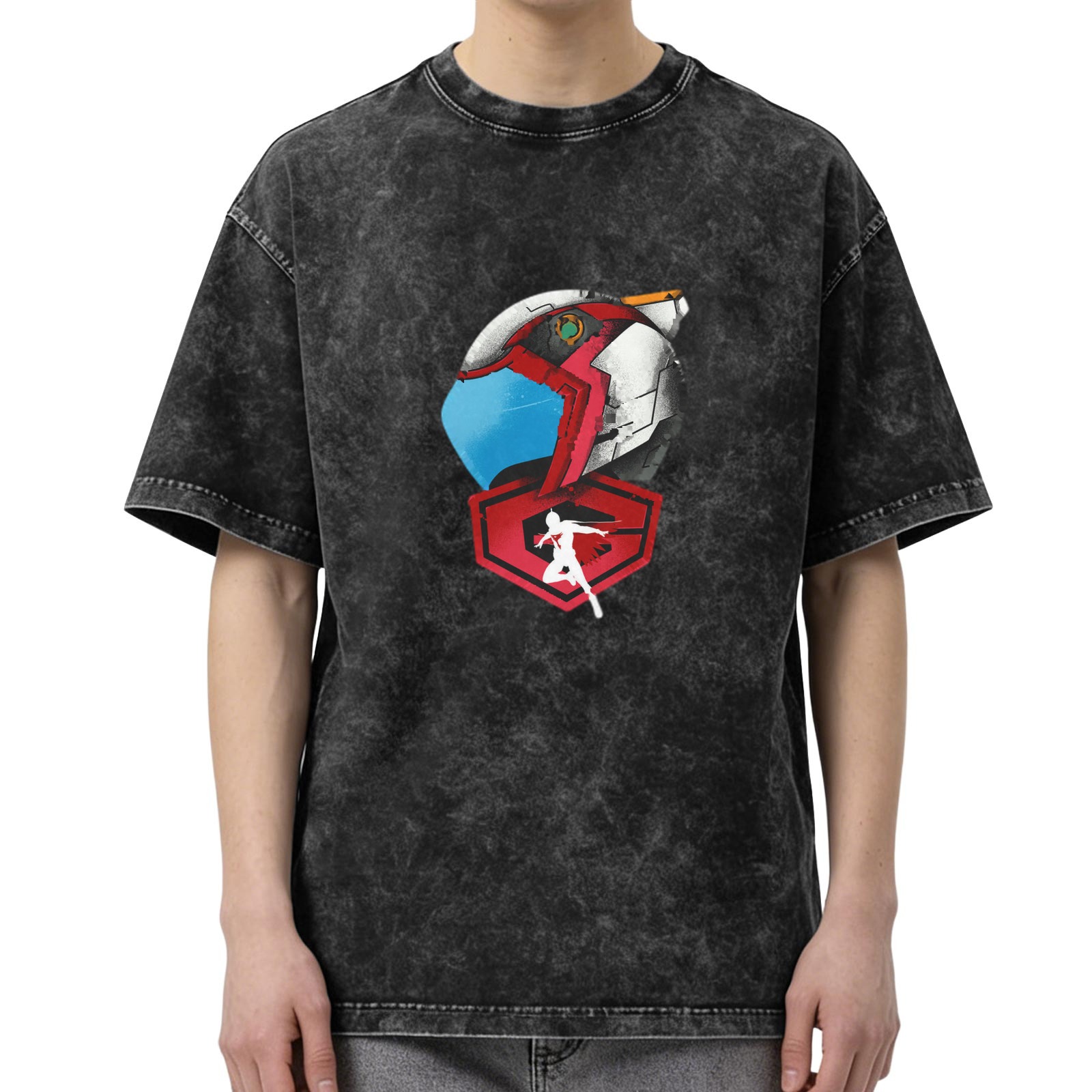 Oversized Acid Wash T-Shirt With Anime Mech Helmet Print