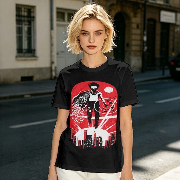 Olive T-Shirt With Anime Superhero Over City Graphic