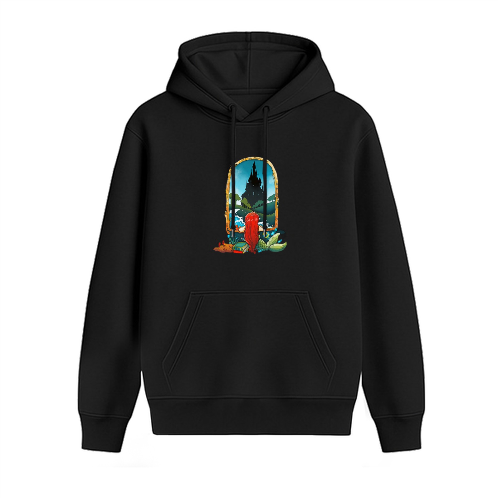 Black hoodie with mermaid gazing at castle window graphic