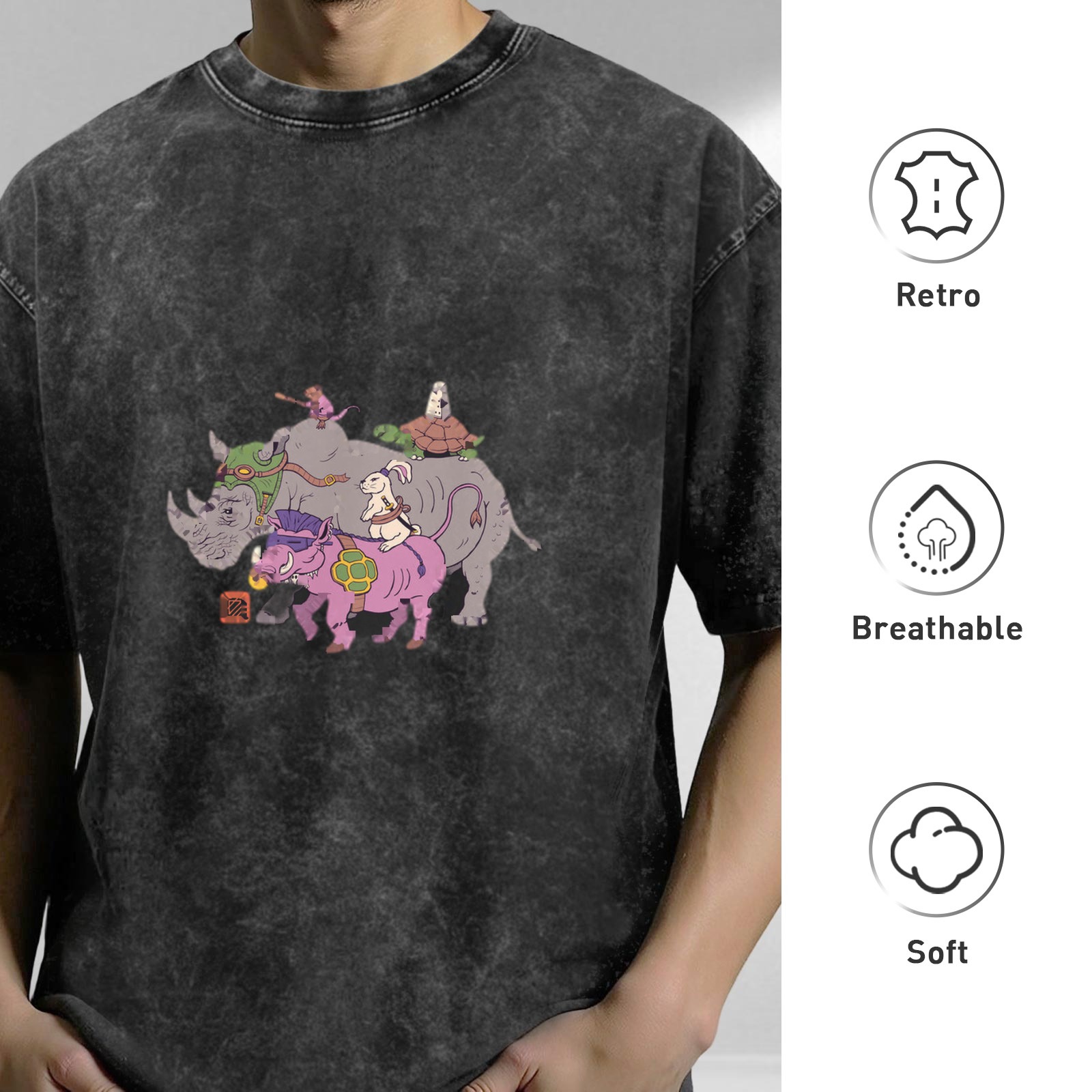 Washed black graphic t-shirt with fantasy animal characters print