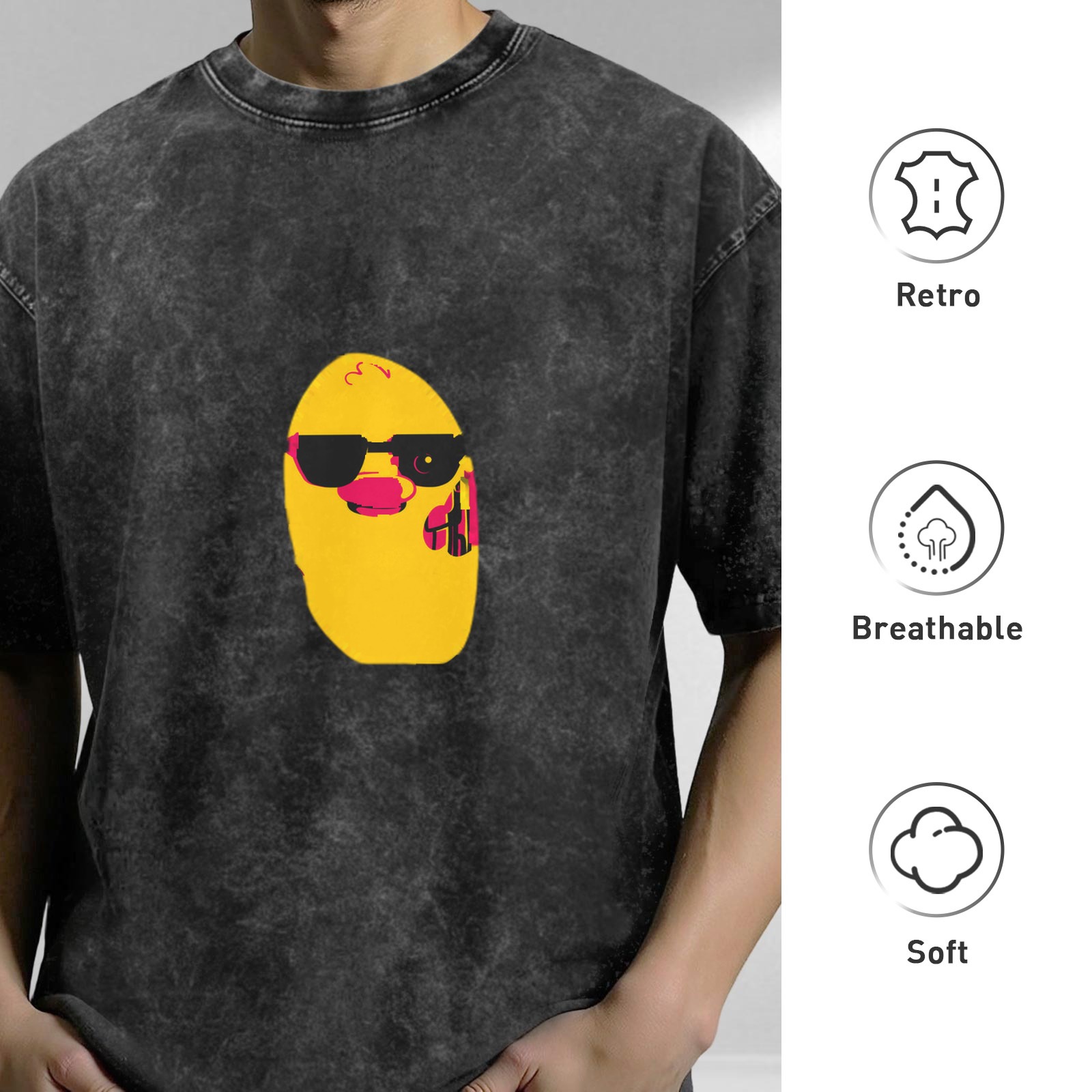 Washed Black T-Shirt With Cool Sunglass Duck Graphic