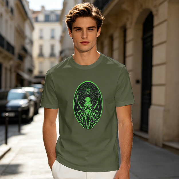 Olive Green T-Shirt With Glowing Green Cthulhu Graphic Print
