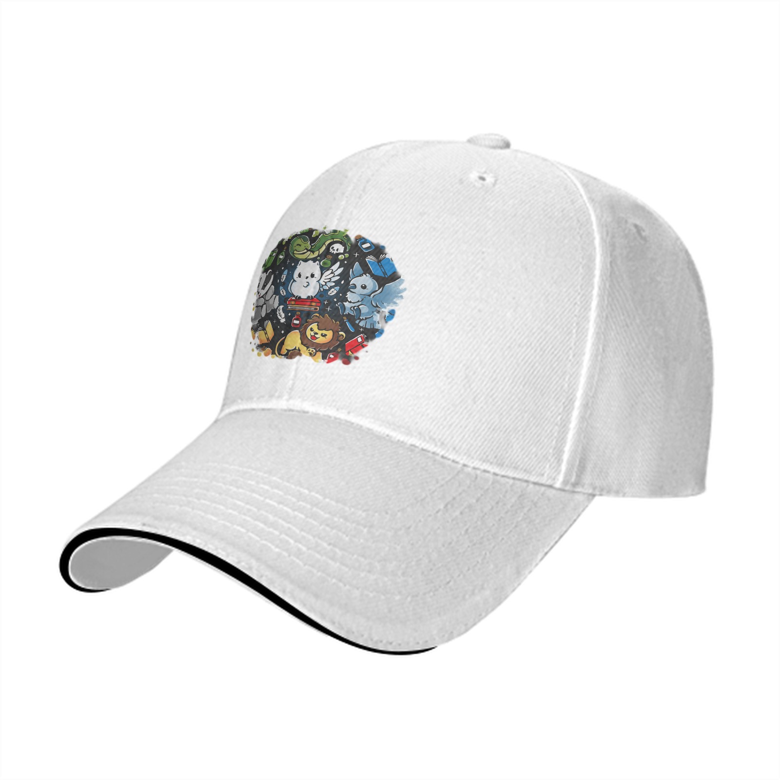 Black Baseball Cap With Cute Magical Creatures Graphic Design