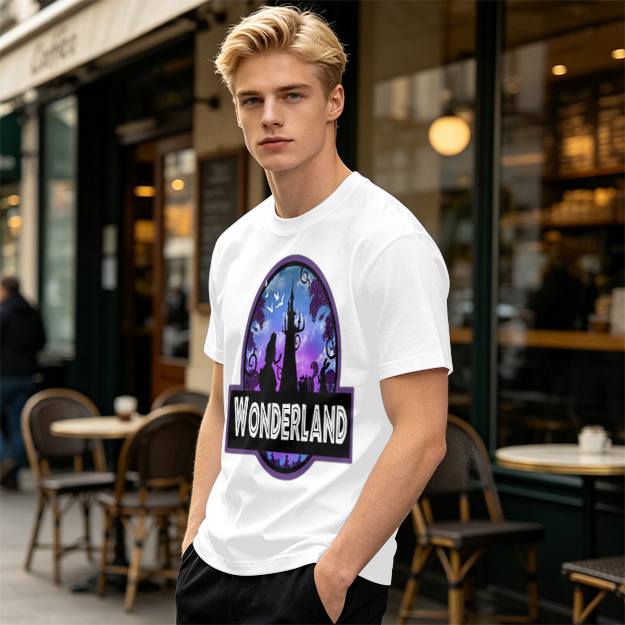 Olive green t-shirt with Wonderland fantasy castle graphic print