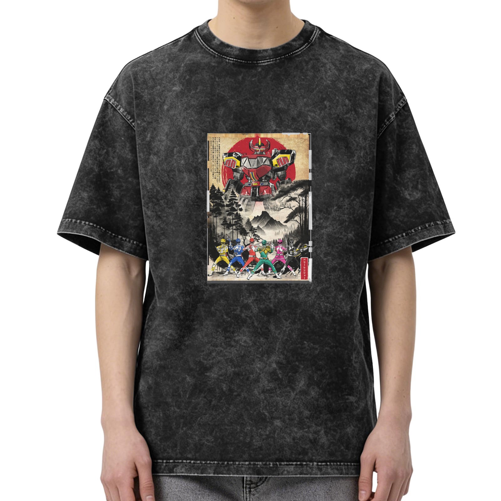 Retro washed black short-sleeved T-shirt Japanese Ukiyo-e style Super Sentai pattern Loose casual distressed top