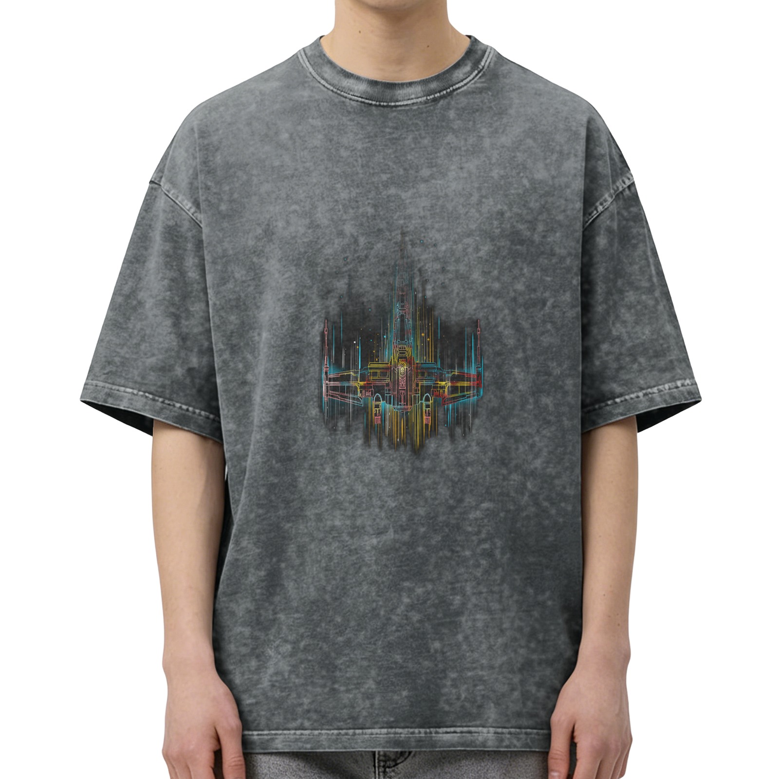 Oversized Acid Wash T-Shirt With Neon Spaceship Graphic