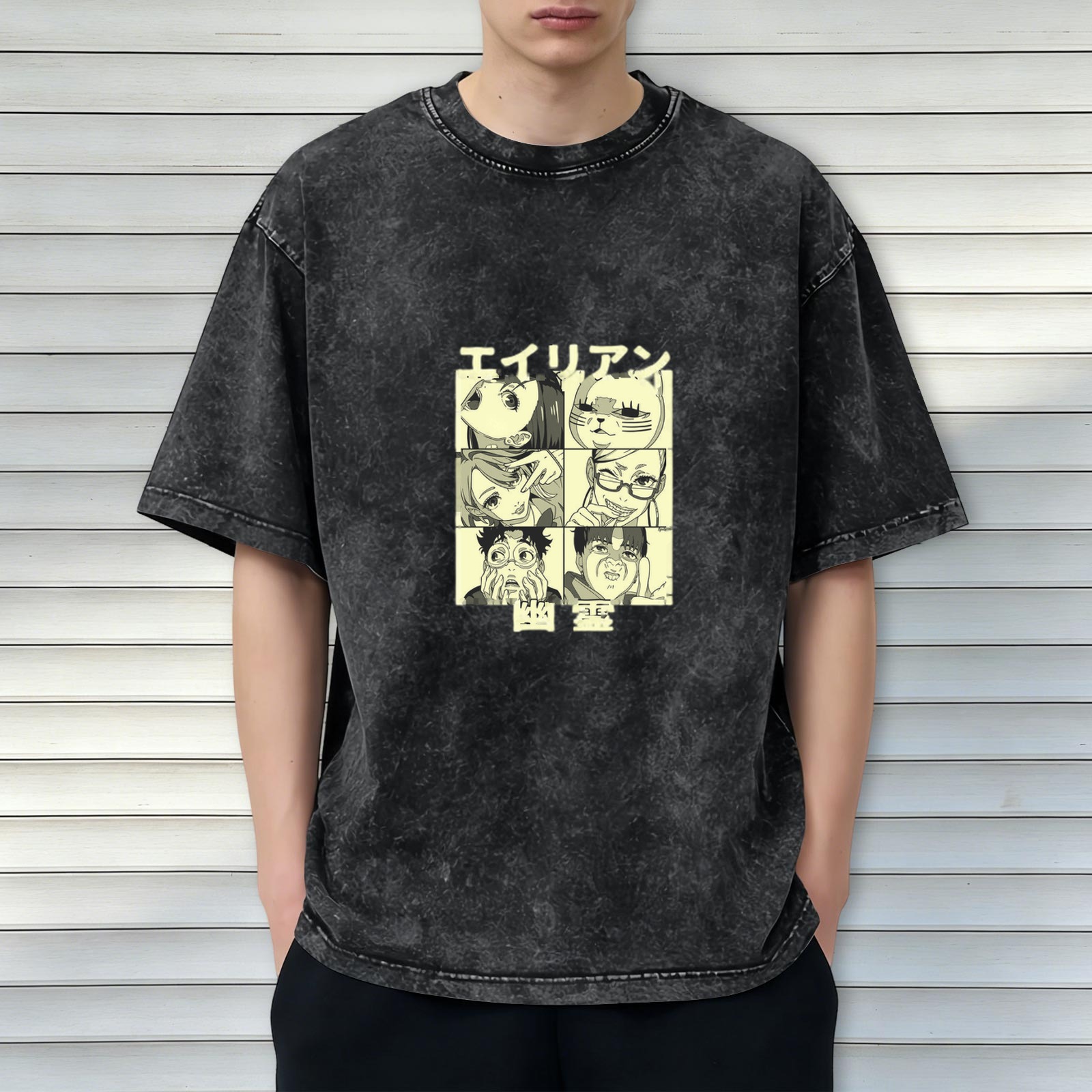 Anime Graphic Print Acid-Wash Oversized T-Shirt