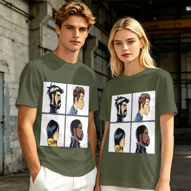 Olive T-Shirt With Four Cartoon Character Profile Portraits