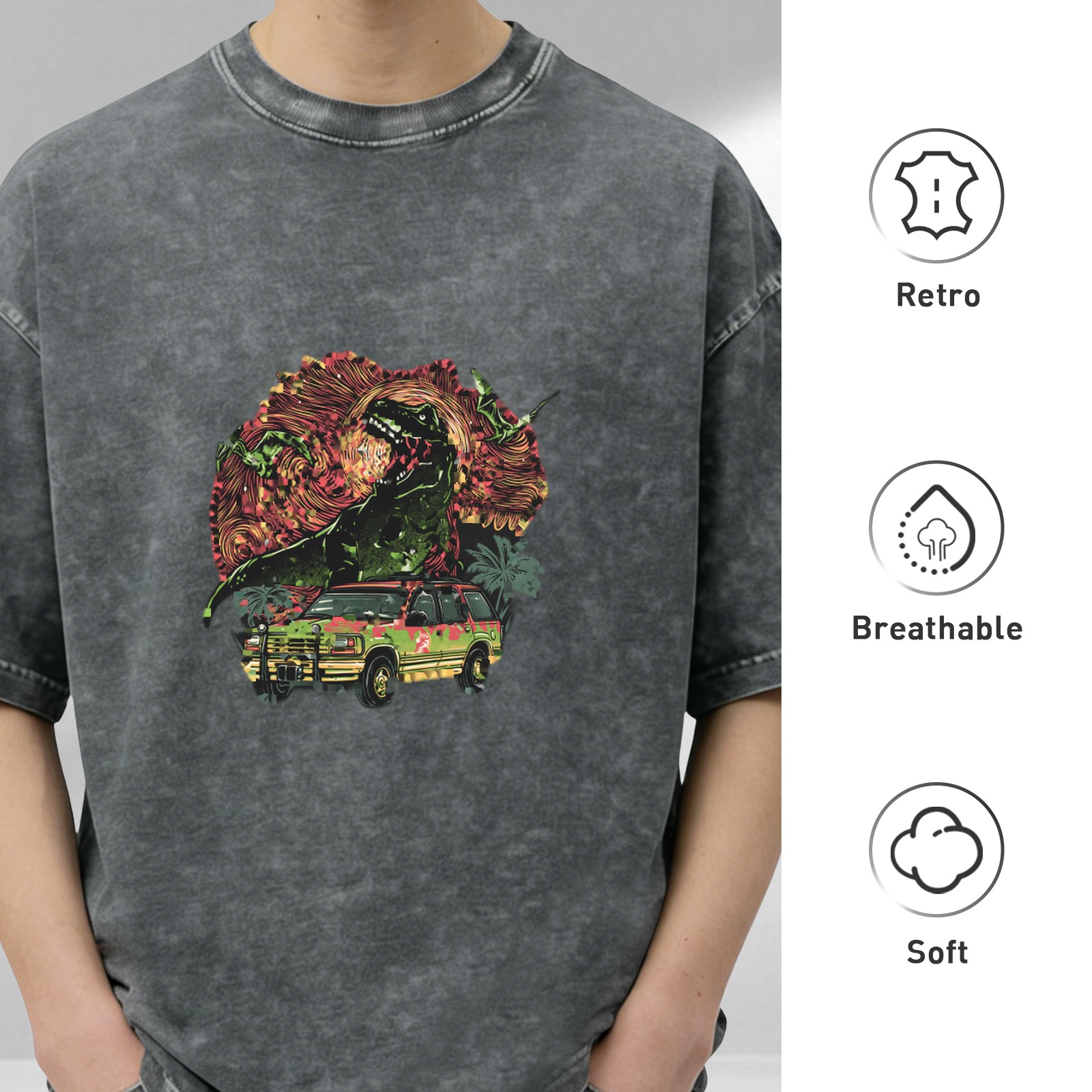 Washed Black T-Shirt with Dinosaur SUV Graphic Print