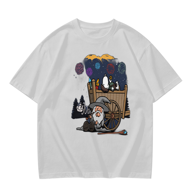 Olive T-Shirt with Wizard and Fireworks Cart Graphic