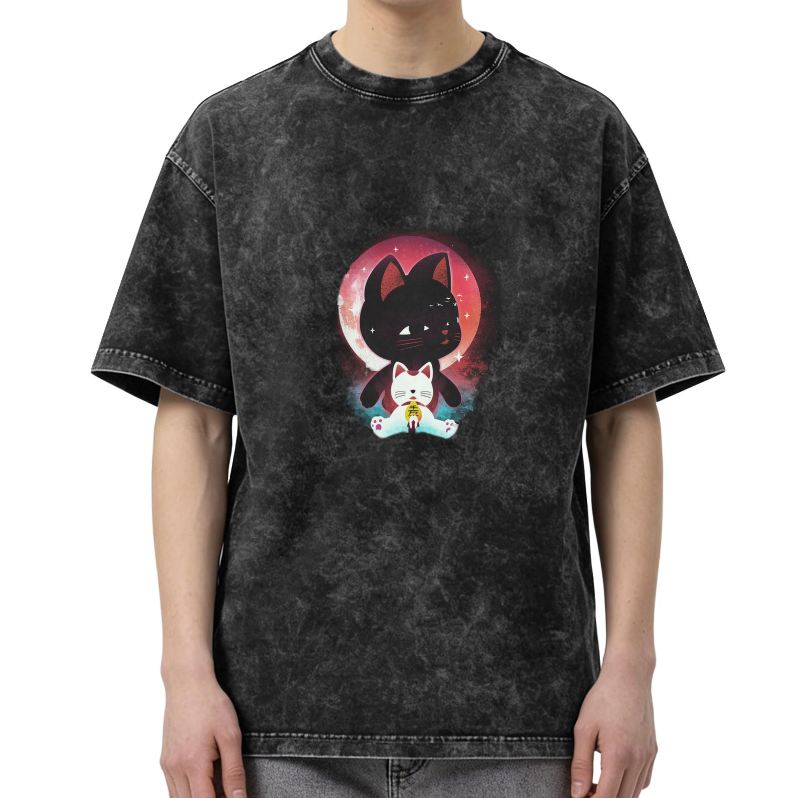 Distressed washed black loose short-sleeved T-shirt with cartoon black cat and lucky cat print design