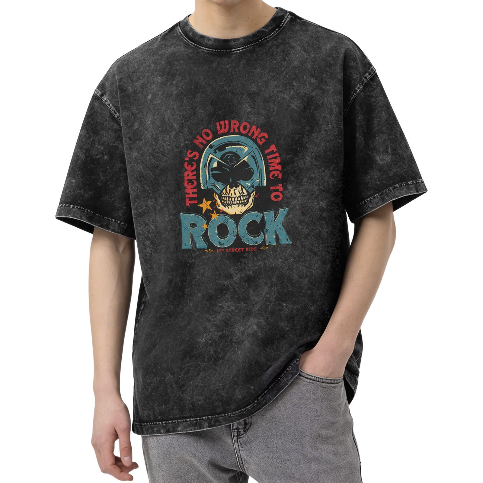 Washed Black Graphic T-Shirt with 'There's No Wrong Time To Rock' Skull Design
