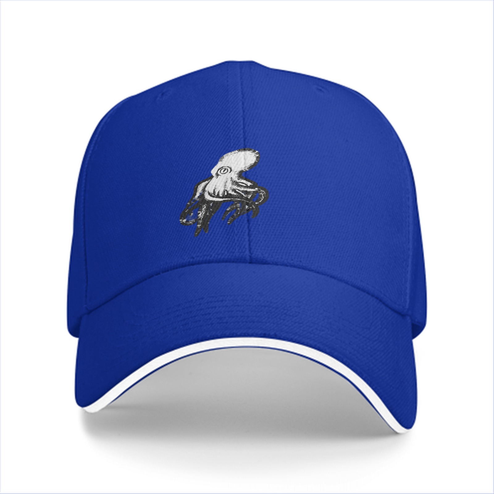 Black baseball cap with white octopus graphic design