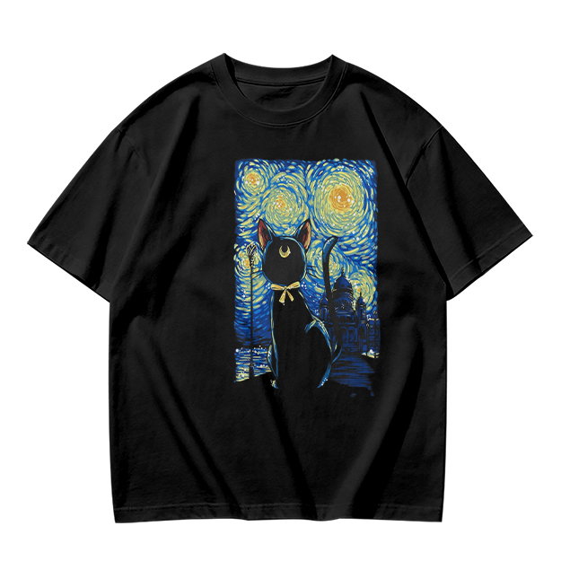 Olive T-Shirt with Starry Night Cat Art Print