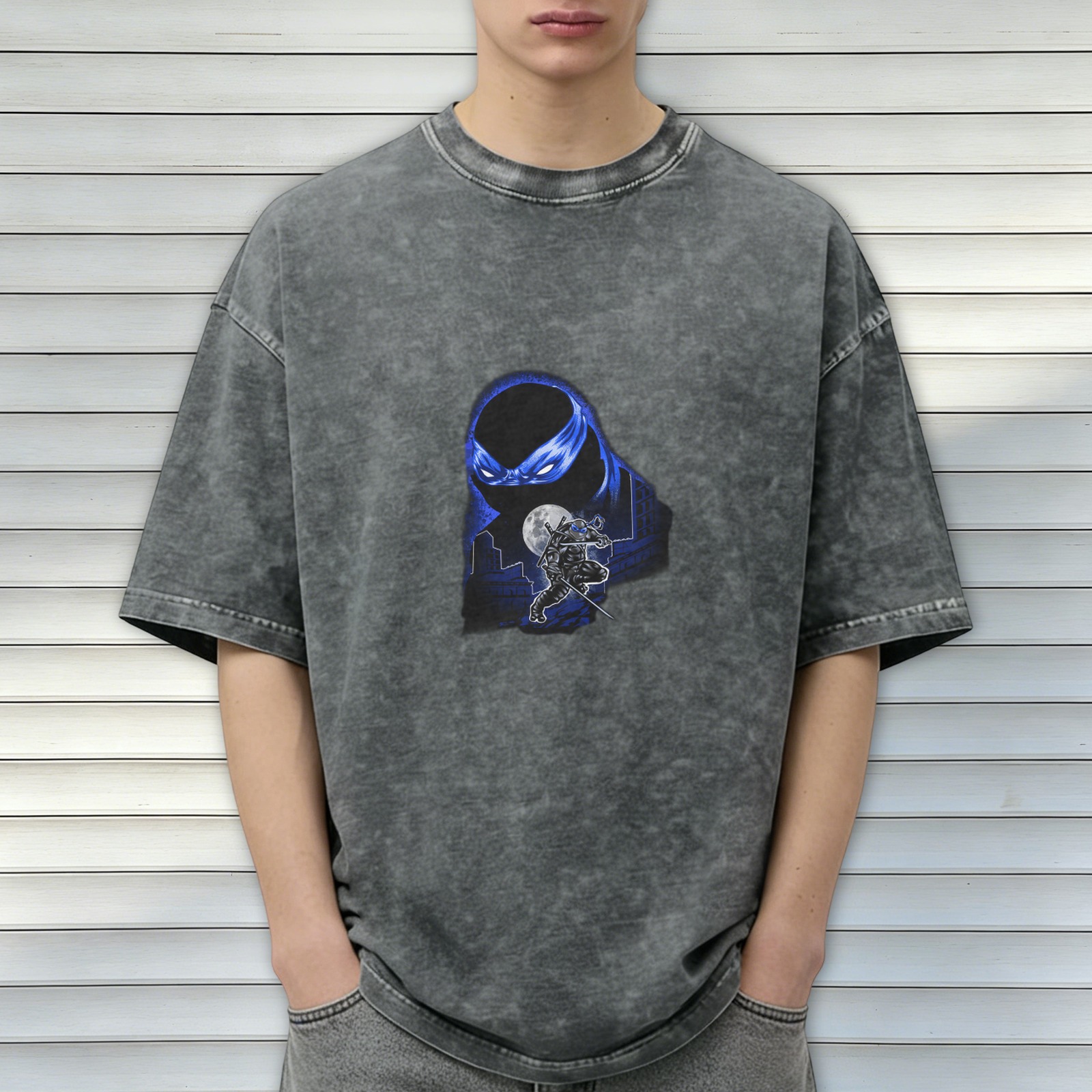 Washed Black Oversized T-Shirt with Blue Ninja Turtle Graphic
