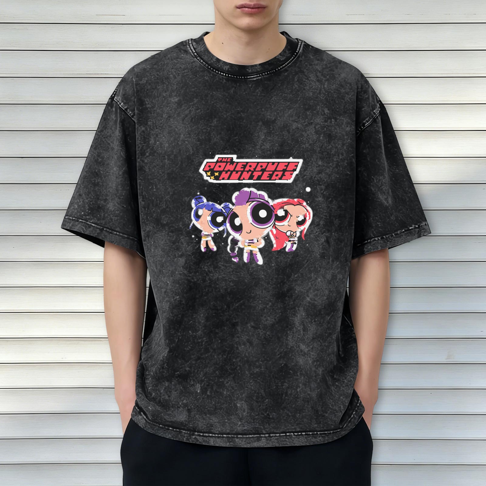 Powerpuff Hunters Graphic Washed Black Oversized T-Shirt